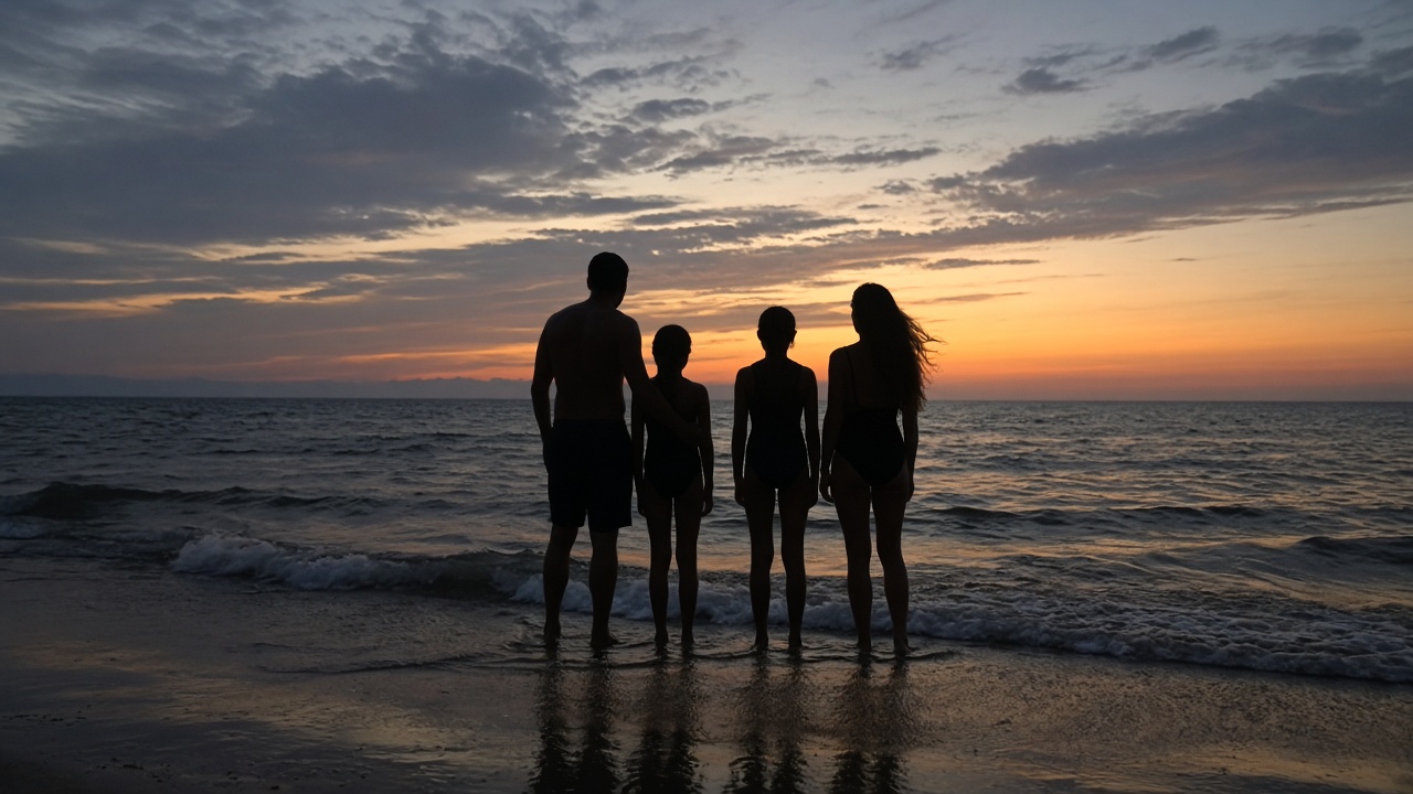 Family silhouette at sunset on the beach